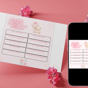 May include: A pink baby milestone tracker with the text "Baby Milestones Started" and a teddy bear illustration. The tracker includes spaces to record dates for first smile, first steps, and other milestones. A smartphone displays the same tracker.
