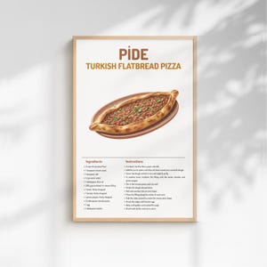 May include: A framed print featuring a recipe for Pide, Turkish flatbread pizza. The image shows a cooked pide on a wooden serving platter. The recipe includes ingredients and instructions. The frame is a light wood color.
