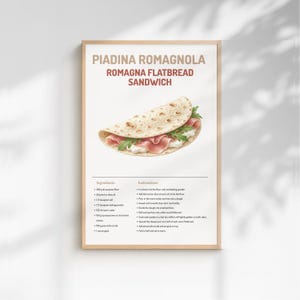 Könnte beinhalten: Gerahmter Druck mit einer Illustration eines Piadina Romagnola-Fladenbrotsandwichs. Das Sandwich ist mit Prosciutto, Käse und Rucola gefüllt. Der Druck enthält die Zutaten und Anweisungen des Rezepts, mit braunem Text und dem Sandwich in der Mitte.