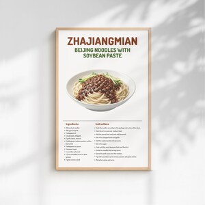 Póster de fideos de pasta de soja de Zhajiangmian (Pekín) / Arte culinario chino auténtico / Decoración de pared para cocina asiática / Regalo minimalista para amantes de la gastronomía / Fideos
