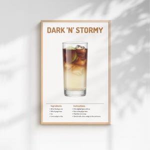 Può includere: Una stampa incorniciata con un cocktail Dark 'N' Stormy. La bevanda è in un bicchiere alto con ghiaccio, una fetta di lime e strati di liquidi chiari e scuri. La stampa include il nome, gli ingredienti e le istruzioni.