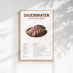 Puede incluir: Un cartel enmarcado con una receta de Sauerbraten, un asado alemán. La imagen muestra carne en rodajas en una rica salsa marrón sobre un plato blanco. La receta incluye ingredientes e instrucciones.