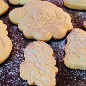 May include: A collection of light beige holiday-themed sugar cookies featuring embossed designs of Santa Claus, a reindeer, a gingerbread person, and a Christmas tree, all lightly dusted with a fine layer of white powdered sugar.
