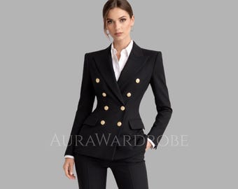 Schwarzes Zweireiher-Frauenanzugset, maßgeschneidertes Blazer- und Hosenset, elegante Bürokleidung, formeller Geschäftsanzug, minimalistisches schickes Outfit