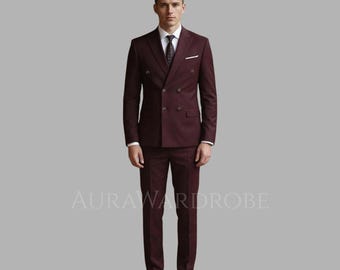Men’s Burgundy Double Breasted Suit 2 Piece – Slim Fit Formal Suit, Elegant Wedding Suit, Classic Business & Party Wear for Men.