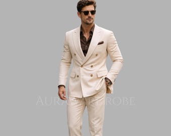 Beige Double Breasted Suit Men 2 Piece, Formal Suit Set, Wedding Groom Suit, Classic Elegant Suit, Party Outfit, Luxury Tailored Suit.