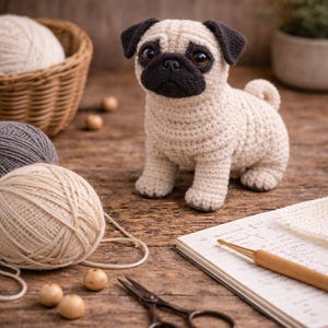 Può includere: Un carlino all'uncinetto fatto a mano, con corpo color crema e orecchie e muso neri. Il carlino è seduto su una superficie di legno, circondato da filato, un taccuino, forbici e perline di legno. Un oggetto artigianale affascinante.