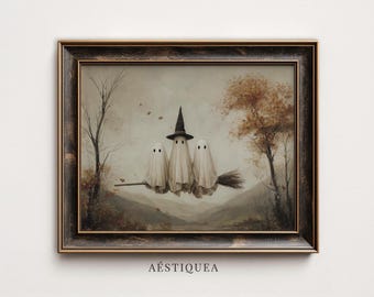 Whimsical Ghosts on Broomstick Painting | Folk Art Halloween Wall Art (Digital Download)