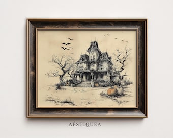 Haunted House Sketch Print | Vintage Spooky Halloween Wall Art