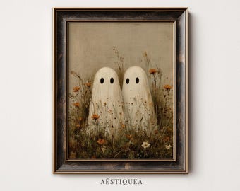 Ghost Couple in Flowers Print | Vintage Cottagecore Halloween Wall Art (Digital Download)