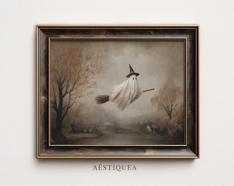 Flying Ghost Witch Print | Spooky Halloween Wall Art (Digital Download)