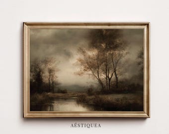 Vintage Moody Autumn Landscape Painting | Dark Fall Lake Wall Art (Digital Download)
