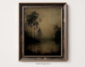 Dark Moody Landscape Print | Foggy Lake Forest Wall Art | Vintage Autumn Decor