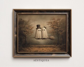 Ghost Couple on a Broom Print | Whimsical Halloween Art (Digital Download)