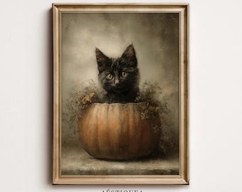 Black Cat Pumpkin Painting | Vintage Halloween Kitten Wall Art (Digital Download)