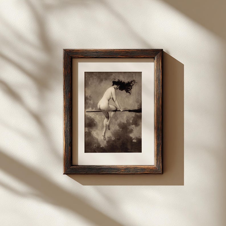 May include: A framed art print featuring a sepia-toned illustration of a figure with long flowing hair riding a broomstick through a cloudy sky. The artwork is enclosed in a dark, textured wooden frame with a light-colored mat border.