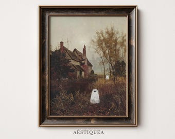 Vintage Ghost Halloween Print | Spooky Cottage Autumn Wall Art (Digital Download)