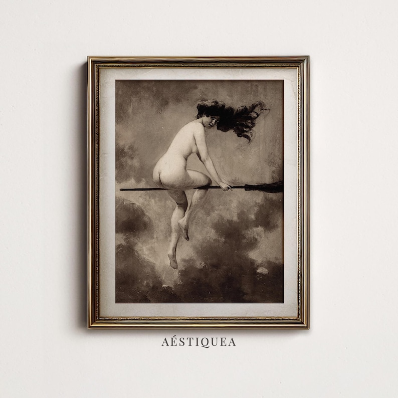 May include: A framed sepia-toned art print depicting a figure with long flowing hair riding a broomstick through a cloudy sky. The artwork is enclosed in a metallic gold frame and features the text AESTIQUEA centered at the bottom edge.
