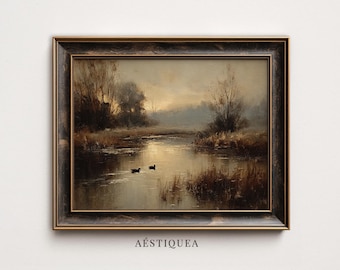Cuadro vintage de paisaje otoñal al atardecer / Lámina decorativa campestre con patos y melancolía (descarga digital)