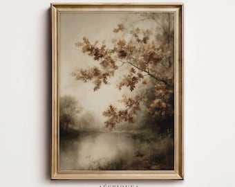 Cuadro vintage de roble otoñal / Arte mural de paisaje otoñal en tonos neutros cálidos (descarga digital)