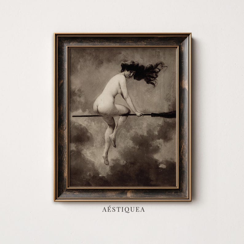 May include: A framed wall art print featuring a sepia-toned illustration of a nude figure riding a broomstick against a cloudy sky. The artwork is enclosed in a dark, distressed wooden frame with gold accents. The text AESTIQUEA is printed below.