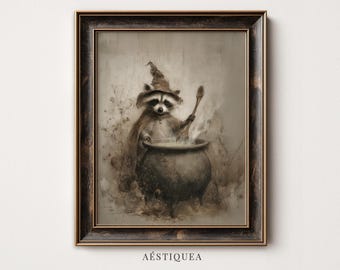 Vintage Raccoon Witch Painting | Cottage Halloween Cauldron Wall Art (Digital Download)