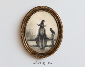 Vintage Witch and Raven Print: Gothic Halloween Wall Art (Digital Download)