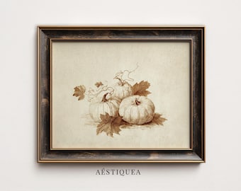 Vintage Pumpkin Ink Drawing | Neutral Autumn Botanical Kitchen Decor (Digital Download)