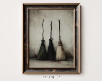 Witch Broom Print | Vintage Halloween Wall Art | Moody Witchy Cottagecore Decor