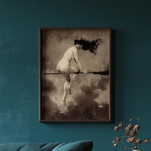 May include: A framed sepia-toned art print depicting a figure with long flowing hair riding a broomstick through a cloudy sky. The artwork features a monochromatic palette with dark brown and cream tones, presented in a simple dark brown frame.