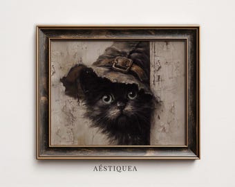 Black Cat Witch Hat Painting | Nursery Halloween Kitten Wall Art (Digital Download)