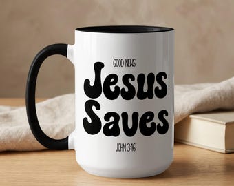Jesus Saves John 3:16 Mug | Retro Christian Coffee Cup | Groovy Bible Verse Drinkware, Christian Mug