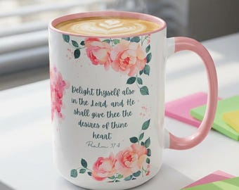 Personalized Christian Mug, Custom Name Mug, Psalm 37:4 Bible Verse Mug, Christian Woman Gift, Scripture Mug, Pink Floral Faith Mug