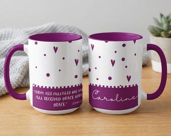 Personalized Christian John 1:16 Mug | Grace Upon Grace Coffee Cup | Custom Name Caroline Religious Glassware Gift
