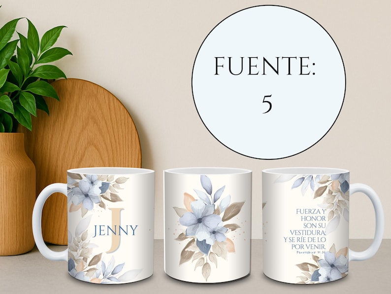 May include: White ceramic mug featuring a floral design with blue and tan accents. The mug has the name "JENNY" and the letter "J" printed on it. The mug also has text in Spanish. A decorative and functional item.