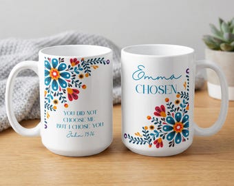 Personalized Christian Mug, John 15:16 Bible Verse Mug, Inspirational Folk Art Gift for Her, Custom Name Glassware