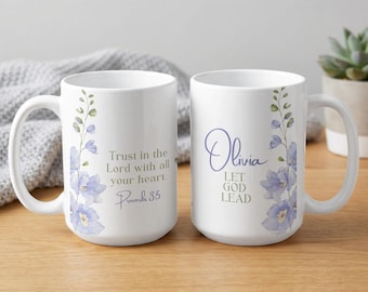 Personalized Christian Mug,  Proverbs 3:5 Floral Faith Gift, Inspirational Scripture Mugs & Glassware