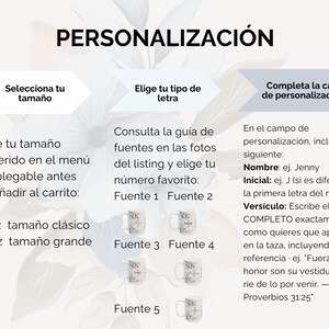 May include: Image with instructions for personalizing a product. Text includes "Personalization", "Select your size", "Choose your font", and "Complete the personalization box". It also shows examples of mugs and font styles.