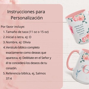 May include: Two white ceramic mugs with pink handles and rims, decorated with floral designs and script. One mug features the name "Olivia" and the letter "O". The other mug has a bible verse. Instructions for personalization are on a pink background.