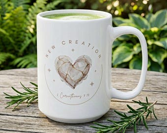 Christian Coffee Mug with Bible Verse 2 Corinthians 5 17,  Kintsugi Heart Watercolor Design, New Creation Faith Gift,  Religious Mug