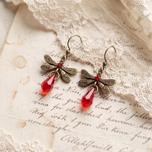 Dragonfly Red Crystal Earrings, Victorian Brass Insect Dangles, Gothic Cottagecore Jewelry, Antique Gold Nature Drops, Gift for Her