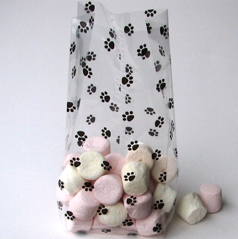 25 Medium Paw Print Cello Black or Red Green Colour Dog and Puppy