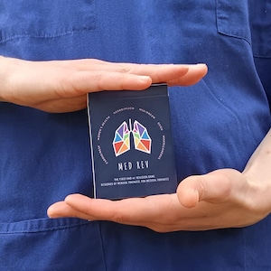 Könnte beinhalten: Ein marineblaues Kartenspiel mit dem Titel "MED REV" wird in offenen Händen gehalten. Das Kartendesign zeigt eine geometrische Lungenillustration mit farbigen Segmenten. Der Text auf der Karte lautet: "Das erste und #1 Revisionsspiel, entworfen von medizinischen Auszubildenden für medizinische Auszubildende."