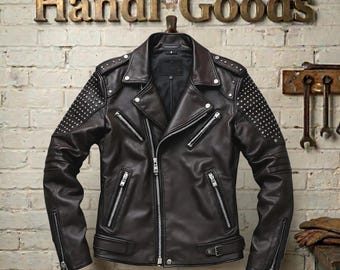 Handmade Men’s Studded Leather Biker Jacket - Genuine Cowhide Punk Rock Motorcycle Jacket - Heavy Metal Studded Biker Gear Adjustable Belt