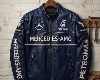 Handmade Blue Leather Racing Jacket Men, Vintage Mercedes AMG Biker Jacket, Retro Formula 1 Streetwear, Custom Leather Moto Coat