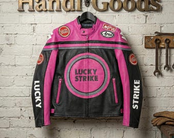Handmade Lucky Strike Pink and Black Leather Motorcycle Jacket - Retro Racing Biker Gear for Men - Genuine Cowhide Motorbike Coat