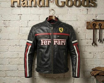 Ferrari F1 Vintage Black Leather Racing Jacket - Retro Motorsport Motorcycle Coat - Premium Biker Safety Gear - Gift for Formula 1 Fan