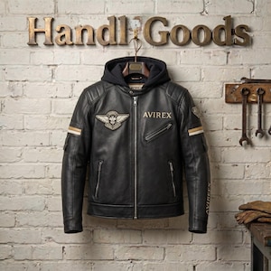 Handmade mens black Avirex cafe racer genuine cowhide leather motorcycle biker jacket with patches and hood