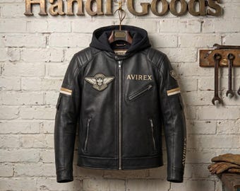 Men's Avirex Cafe Racer Leather Jacket – Genuine Cowhide Biker Streetwear Hoodie