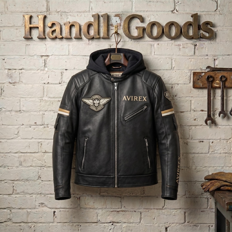 Handmade mens black Avirex cafe racer genuine cowhide leather motorcycle biker jacket with patches and hood